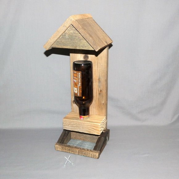 Rustic Beer Bottle Bird Feeder, Reclaimed Wood, Handcrafted, Garden Gift - Picture 1 of 5